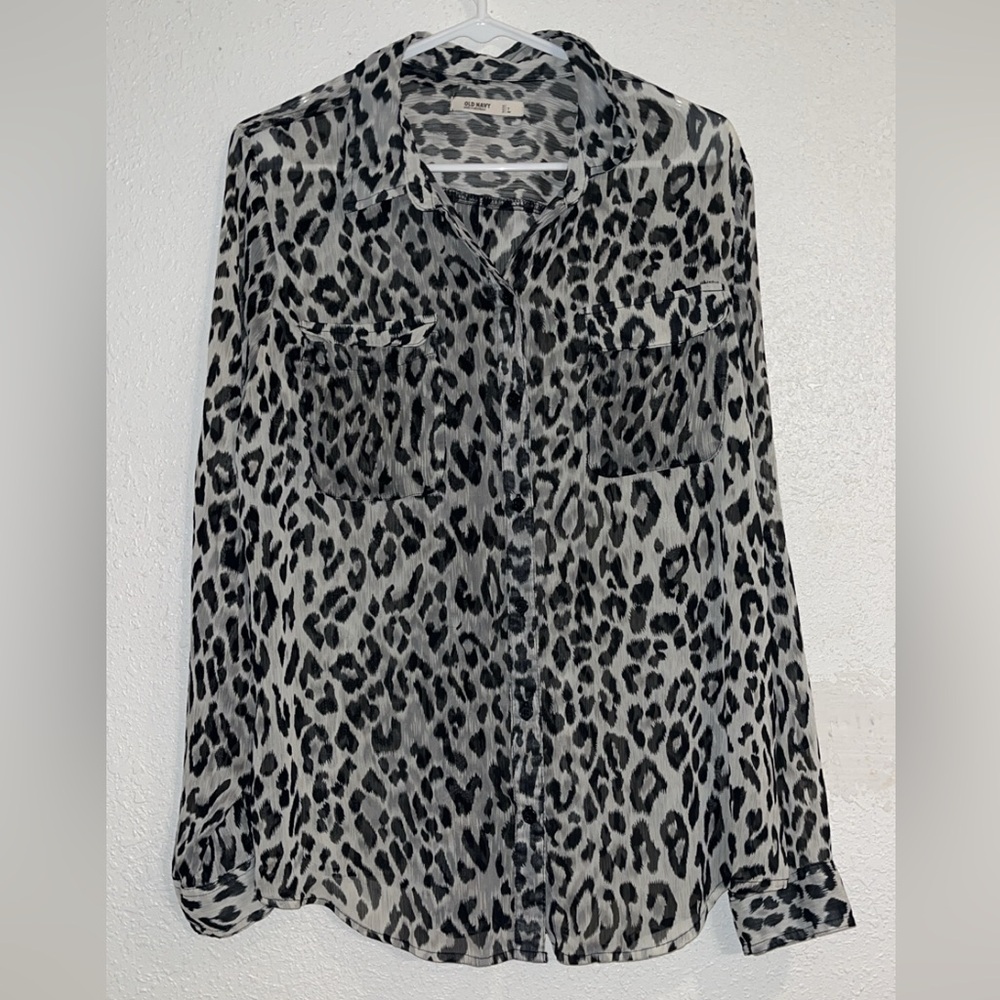 Old Navy Black and Gray Leopard Print Sheer Blouse